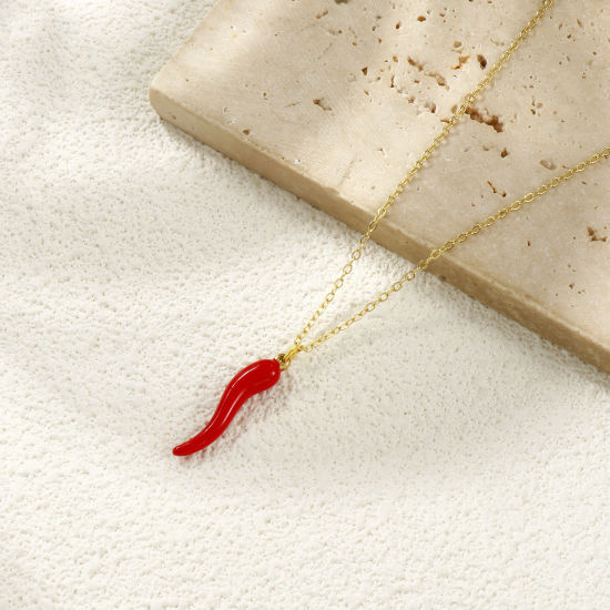 Изображение 2 PCs Eco-friendly PVD Vacuum Plating Waterproof Anti-Tarnish Hypoallergenic 304 Stainless Steel Charms 18K Real Gold Plated Red Enamel Cornicello Italian Horn Chili 28mm x 6mm