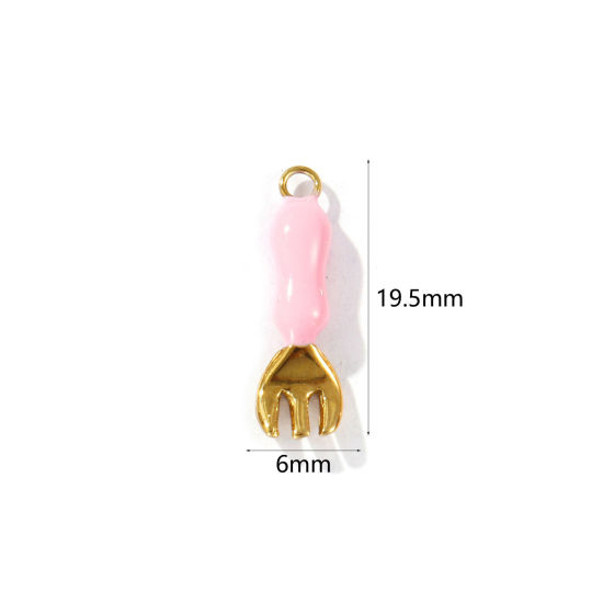 Изображение 1 Piece Eco-friendly PVD Vacuum Plating Waterproof Anti-Tarnish Hypoallergenic 304 Stainless Steel Charms 18K Real Gold Plated Pink Enamel Fork 3D 19.5mm x 6mm