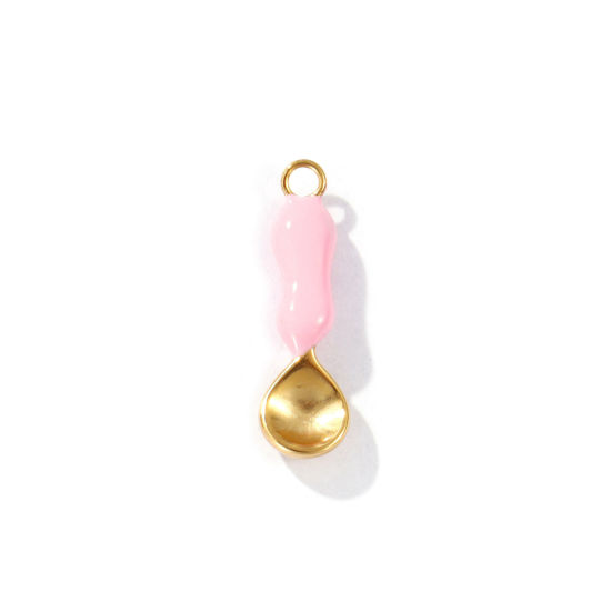 Изображение 1 Piece Eco-friendly PVD Vacuum Plating Waterproof Anti-Tarnish Hypoallergenic 304 Stainless Steel Charms 18K Real Gold Plated Pink Enamel Spoon 3D 20mm x 6mm