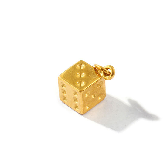 2 PCs Eco-friendly PVD Vacuum Plating Waterproof Anti-Tarnish Hypoallergenic 304 Stainless Steel Charms 18K Real Gold Plated Dice 3D 17mm x 10mm の画像