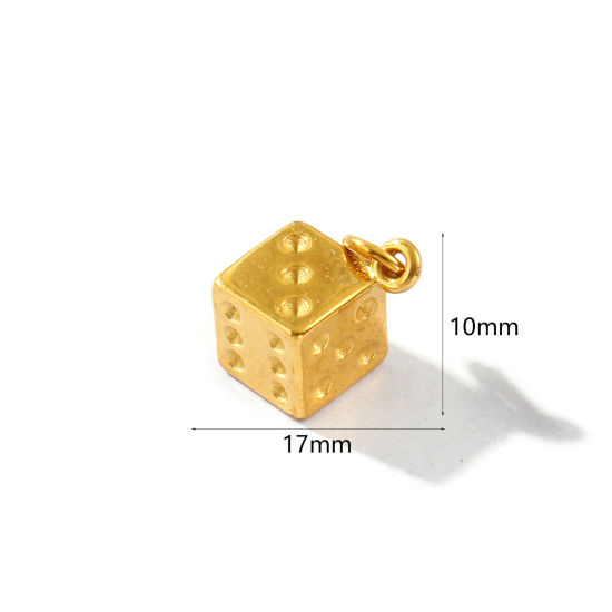2 PCs Eco-friendly PVD Vacuum Plating Waterproof Anti-Tarnish Hypoallergenic 304 Stainless Steel Charms 18K Real Gold Plated Dice 3D 17mm x 10mm の画像