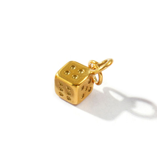 2 PCs Eco-friendly PVD Vacuum Plating Waterproof Anti-Tarnish Hypoallergenic 304 Stainless Steel Charms 18K Real Gold Plated Dice 3D 16mm x 7mm の画像