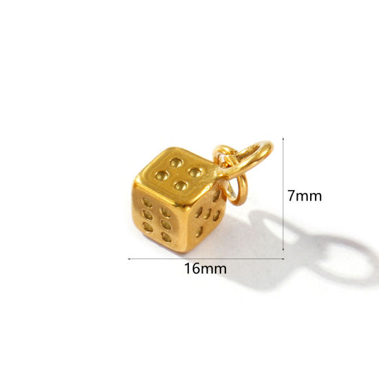 2 PCs Eco-friendly PVD Vacuum Plating Waterproof Anti-Tarnish Hypoallergenic 304 Stainless Steel Charms 18K Real Gold Plated Dice 3D 16mm x 7mm の画像