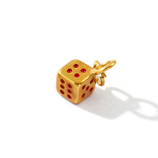 2 PCs Eco-friendly PVD Vacuum Plating Waterproof Anti-Tarnish Hypoallergenic 304 Stainless Steel Charms 18K Real Gold Plated Red Enamel Dice 3D 16mm x 7mm の画像