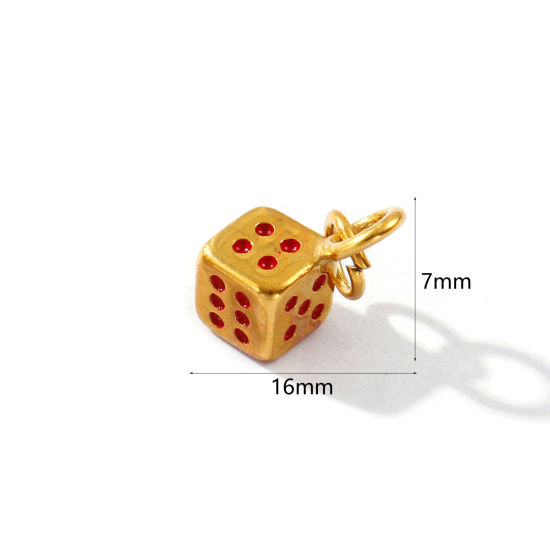 2 PCs Eco-friendly PVD Vacuum Plating Waterproof Anti-Tarnish Hypoallergenic 304 Stainless Steel Charms 18K Real Gold Plated Red Enamel Dice 3D 16mm x 7mm の画像