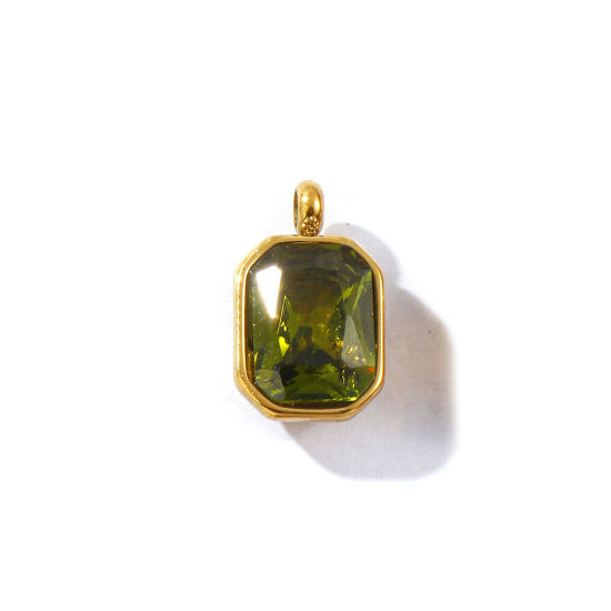 Immagine di 2 PCs Eco-friendly PVD Vacuum Plating Waterproof Anti-Tarnish Hypoallergenic 304 Stainless Steel & Glass Geometric Charms 18K Real Gold Plated Olive Green Octagon Faceted 12.5mm x 7.5mm