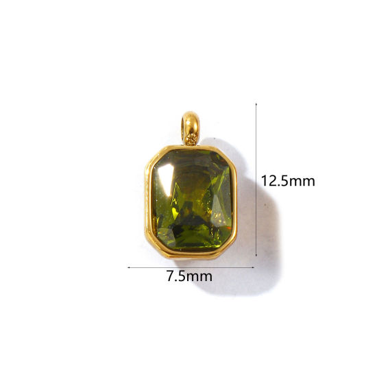 Immagine di 2 PCs Eco-friendly PVD Vacuum Plating Waterproof Anti-Tarnish Hypoallergenic 304 Stainless Steel & Glass Geometric Charms 18K Real Gold Plated Olive Green Octagon Faceted 12.5mm x 7.5mm