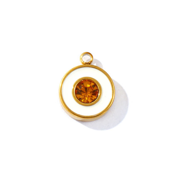 Immagine di 2 PCs Eco-friendly PVD Vacuum Plating Waterproof Anti-Tarnish Hypoallergenic 304 Stainless Steel Geometric Charms 18K Real Gold Plated White Enamel Round Disc Orange Rhinestone 15mm x 12mm