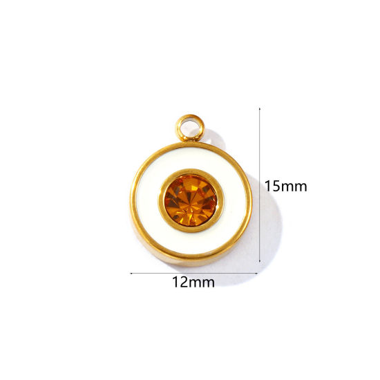 Immagine di 2 PCs Eco-friendly PVD Vacuum Plating Waterproof Anti-Tarnish Hypoallergenic 304 Stainless Steel Geometric Charms 18K Real Gold Plated White Enamel Round Disc Orange Rhinestone 15mm x 12mm