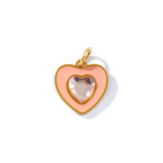 Immagine di 2 PCs Eco-friendly PVD Vacuum Plating Waterproof Anti-Tarnish Hypoallergenic 304 Stainless Steel Valentine's Day Charms 18K Real Gold Plated Peach Pink Enamel Heart Light Pink Rhinestone 16mm x 12mm