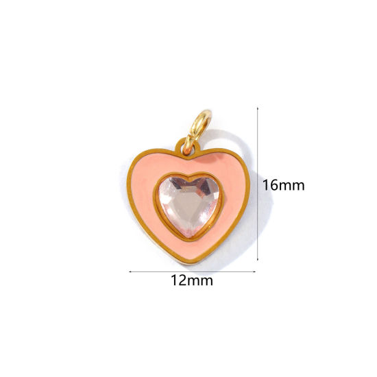 Immagine di 2 PCs Eco-friendly PVD Vacuum Plating Waterproof Anti-Tarnish Hypoallergenic 304 Stainless Steel Valentine's Day Charms 18K Real Gold Plated Peach Pink Enamel Heart Light Pink Rhinestone 16mm x 12mm