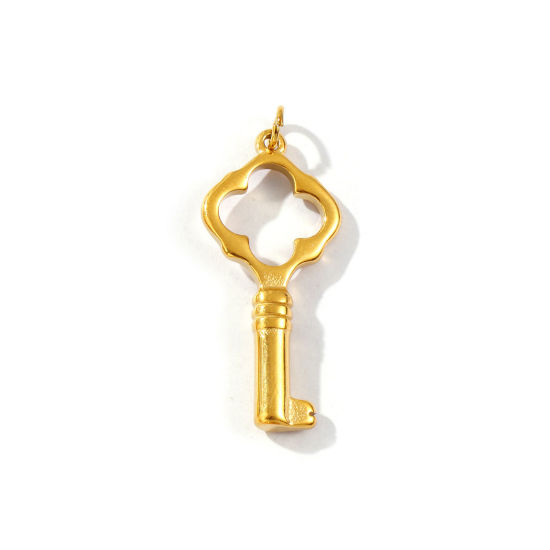 1 Piece Eco-friendly PVD Vacuum Plating Waterproof Anti-Tarnish Hypoallergenic 304 Stainless Steel Pendants 18K Real Gold Plated Key Hollow 3.6cm x 1.5cm の画像