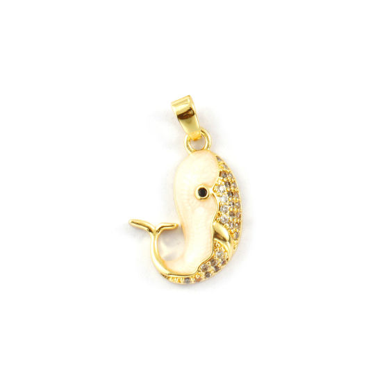 Изображение 2 PCs Eco-friendly Brass Ocean Jewelry Charm Pendant 18K Real Gold Plated Creamy-White Enamel Whale Animal Pearlized Black Cubic Zirconia 23mm x 14mm