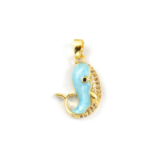 Изображение 2 PCs Eco-friendly Brass Ocean Jewelry Charm Pendant 18K Real Gold Plated Blue Enamel Whale Animal Pearlized Black Cubic Zirconia 23mm x 14mm
