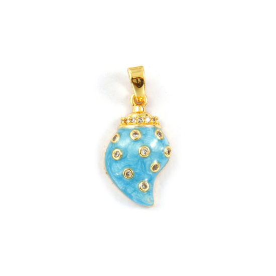 Изображение 2 PCs Eco-friendly Brass Charm Pendant 18K Real Gold Plated Blue Enamel Conch/ Sea Snail Pearlized Clear Cubic Zirconia 24mm x 11mm