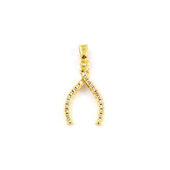 Изображение 2 PCs Eco-friendly Brass Charm Pendant 18K Real Gold Plated Wishbone Micro Pave Clear Cubic Zirconia 24mm x 12mm