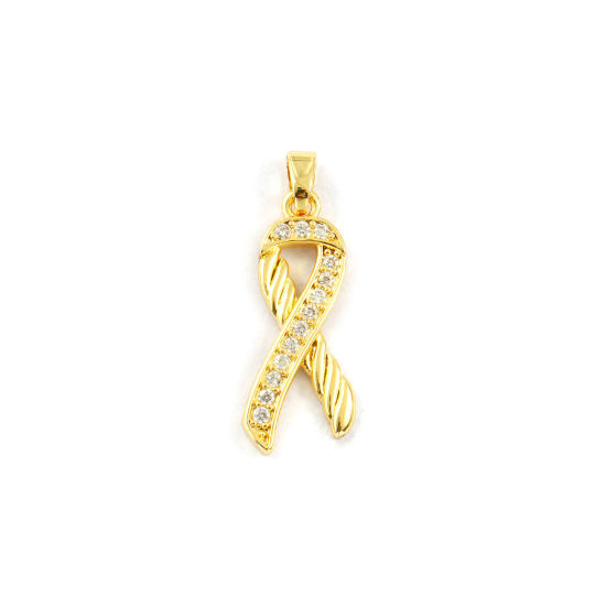 Изображение 2 PCs Eco-friendly Brass Charm Pendant 18K Real Gold Plated Ribbon Micro Pave Clear Cubic Zirconia 28mm x 10mm