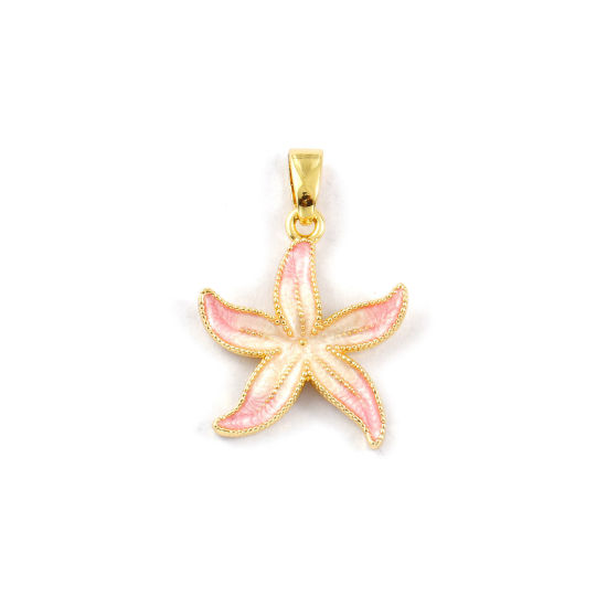 Picture of 2 PCs Eco-friendly Brass Flora Collection Charm Pendant 18K Real Gold Plated Light Pink Enamel Flower Pearlized 23mm x 16mm