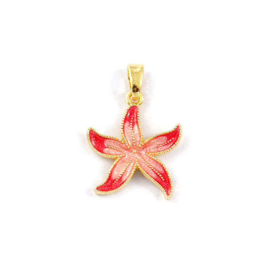 Picture of 2 PCs Eco-friendly Brass Flora Collection Charm Pendant 18K Real Gold Plated Fuchsia Enamel Flower Pearlized 23mm x 16mm