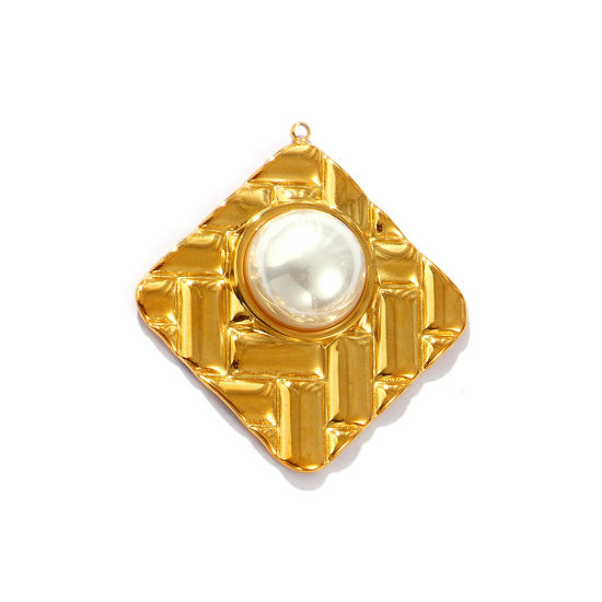1 Piece Eco-friendly PVD Vacuum Plating Waterproof Anti-Tarnish Hypoallergenic 304 Stainless Steel Pendants 18K Real Gold Plated White Rhombus Acrylic Imitation Pearl 4.2cm x 3.9cm の画像