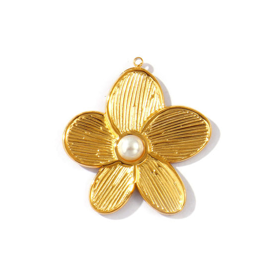 1 Piece Eco-friendly PVD Vacuum Plating Waterproof Anti-Tarnish Hypoallergenic 304 Stainless Steel Flora Collection Pendants 18K Real Gold Plated White Flower Acrylic Imitation Pearl 3.7cm x 3.4cm の画像