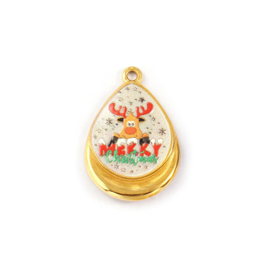 Immagine di 1 Piece Eco-friendly PVD Vacuum Plating Waterproof Anti-Tarnish Hypoallergenic 304 Stainless Steel Charms 18K Real Gold Plated Multicolor Enamel Drop Christmas Reindeer Printed 28mm x 19mm