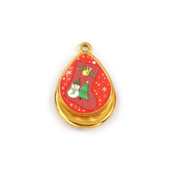 Immagine di 1 Piece Eco-friendly PVD Vacuum Plating Waterproof Anti-Tarnish Hypoallergenic 304 Stainless Steel Charms 18K Real Gold Plated Multicolor Enamel Drop Christmas Printed 28mm x 19mm