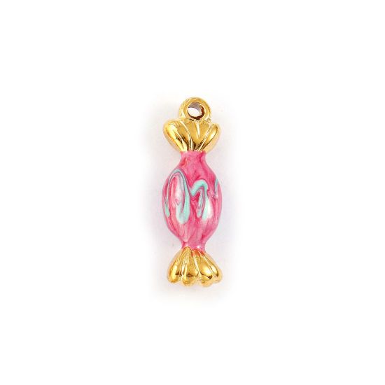 Immagine di 1 Piece Eco-friendly PVD Vacuum Plating Waterproof Anti-Tarnish Hypoallergenic 304 Stainless Steel Christmas Charms 18K Real Gold Plated Fuchsia Enamel Candy Pearlized 25mm x 8mm