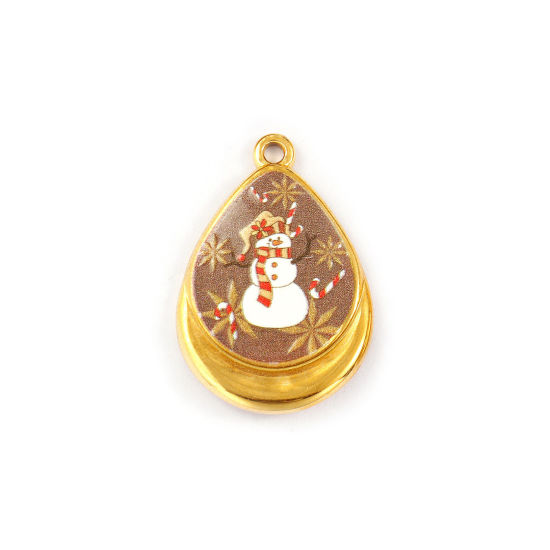 Immagine di 1 Piece Eco-friendly PVD Vacuum Plating Waterproof Anti-Tarnish Hypoallergenic 304 Stainless Steel Charms 18K Real Gold Plated Multicolor Enamel Drop Christmas Snowman Printed 28mm x 19mm