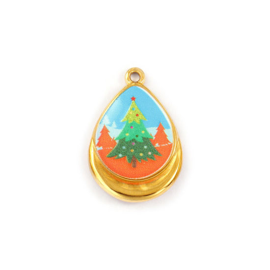 Immagine di 1 Piece Eco-friendly PVD Vacuum Plating Waterproof Anti-Tarnish Hypoallergenic 304 Stainless Steel Charms 18K Real Gold Plated Multicolor Enamel Drop Christmas Tree Printed 28mm x 19mm