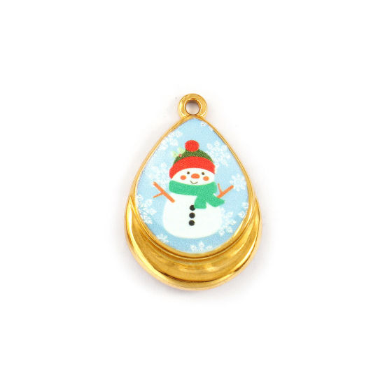 Immagine di 1 Piece Eco-friendly PVD Vacuum Plating Waterproof Anti-Tarnish Hypoallergenic 304 Stainless Steel Charms 18K Real Gold Plated Multicolor Enamel Drop Christmas Snowman Printed 28mm x 19mm