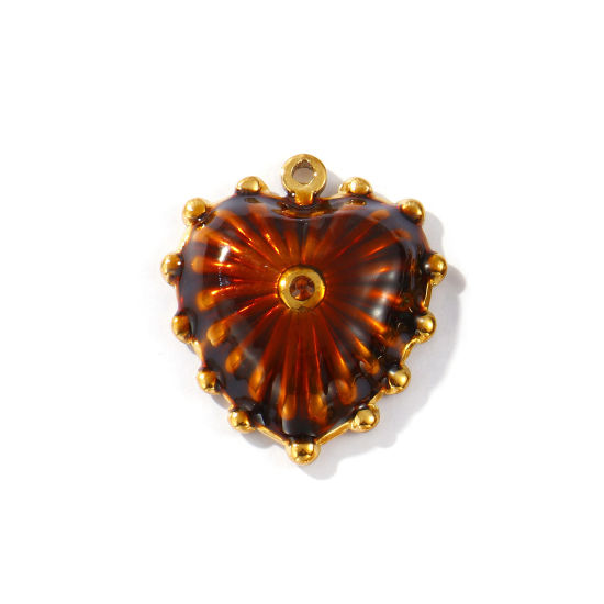 Picture of 2 PCs Eco-friendly PVD Vacuum Plating Waterproof Anti-Tarnish Hypoallergenic 304 Stainless Steel Valentine's Day Pendants 18K Real Gold Plated Coffee Enamel Heart Coffee Rhinestone 3cm x 2.7cm