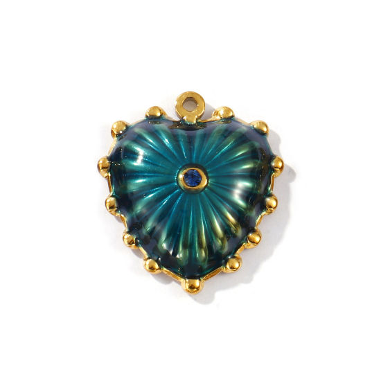 Picture of 2 PCs Eco-friendly PVD Vacuum Plating Waterproof Anti-Tarnish Hypoallergenic 304 Stainless Steel Valentine's Day Pendants 18K Real Gold Plated Dark Green Enamel Heart Dark Blue Rhinestone 3cm x 2.7cm