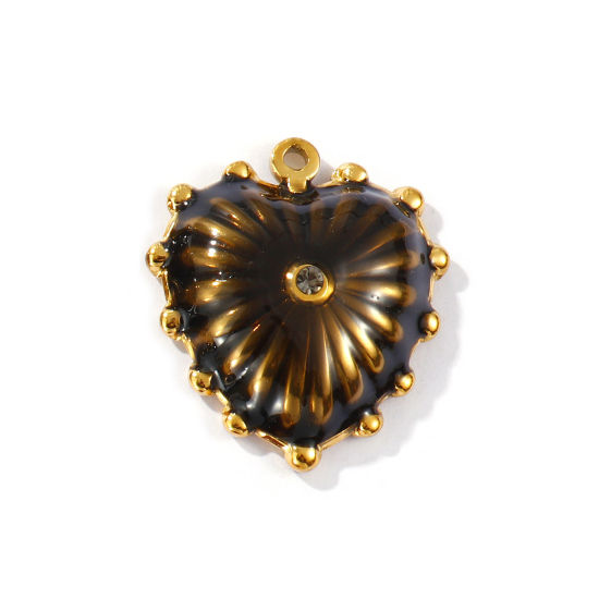 Picture of 2 PCs Eco-friendly PVD Vacuum Plating Waterproof Anti-Tarnish Hypoallergenic 304 Stainless Steel Valentine's Day Pendants 18K Real Gold Plated Black Enamel Heart Gray Rhinestone 3cm x 2.7cm