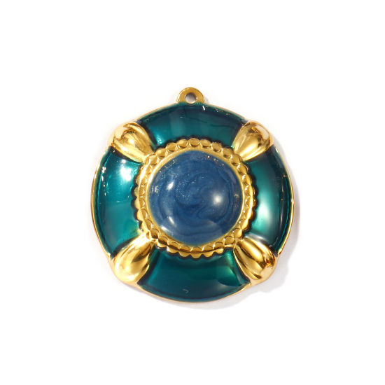 Picture of 2 PCs Eco-friendly PVD Vacuum Plating Waterproof Anti-Tarnish Hypoallergenic 304 Stainless Steel Pendants 18K Real Gold Plated Dark Green Enamel Round 3.3cm x 3.1cm