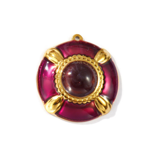 Picture of 2 PCs Eco-friendly PVD Vacuum Plating Waterproof Anti-Tarnish Hypoallergenic 304 Stainless Steel Pendants 18K Real Gold Plated Purple Enamel Round 3.3cm x 3.1cm