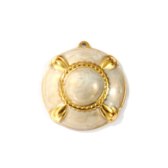 Picture of 2 PCs Eco-friendly PVD Vacuum Plating Waterproof Anti-Tarnish Hypoallergenic 304 Stainless Steel Pendants 18K Real Gold Plated Beige Enamel Round 3.3cm x 3.1cm