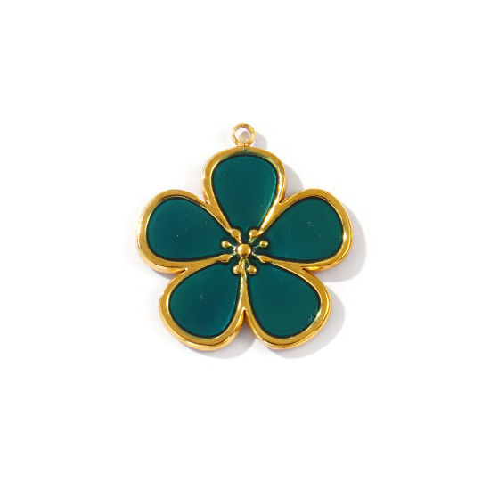 2 PCs Eco-friendly PVD Vacuum Plating Waterproof Anti-Tarnish Hypoallergenic 304 Stainless Steel Flora Collection Charms 18K Real Gold Plated Dark Green Enamel Flower 28mm x 25.5mm の画像