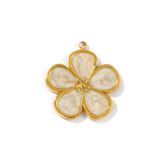 2 PCs Eco-friendly PVD Vacuum Plating Waterproof Anti-Tarnish Hypoallergenic 304 Stainless Steel Flora Collection Charms 18K Real Gold Plated Beige Enamel Flower Pearlized 28mm x 25.5mm の画像
