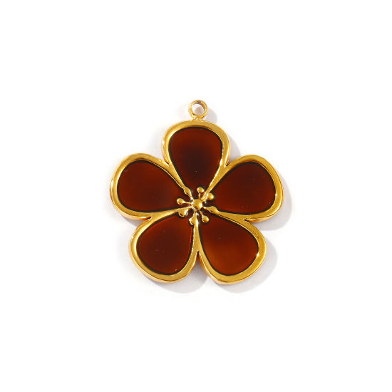 2 PCs Eco-friendly PVD Vacuum Plating Waterproof Anti-Tarnish Hypoallergenic 304 Stainless Steel Flora Collection Charms 18K Real Gold Plated Coffee Enamel Flower 28mm x 25.5mm の画像