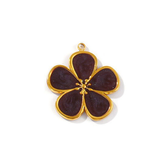 2 PCs Eco-friendly PVD Vacuum Plating Waterproof Anti-Tarnish Hypoallergenic 304 Stainless Steel Flora Collection Charms 18K Real Gold Plated Purple Enamel Flower Pearlized 28mm x 25.5mm の画像