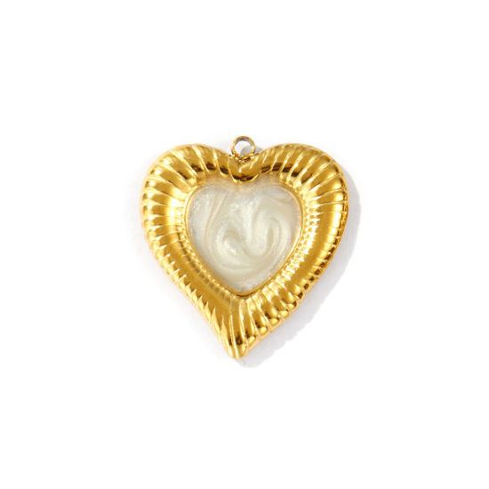 2 PCs Eco-friendly PVD Vacuum Plating Waterproof Anti-Tarnish Hypoallergenic 304 Stainless Steel Valentine's Day Charms 18K Real Gold Plated Beige Enamel Heart 26.5mm x 24mm の画像