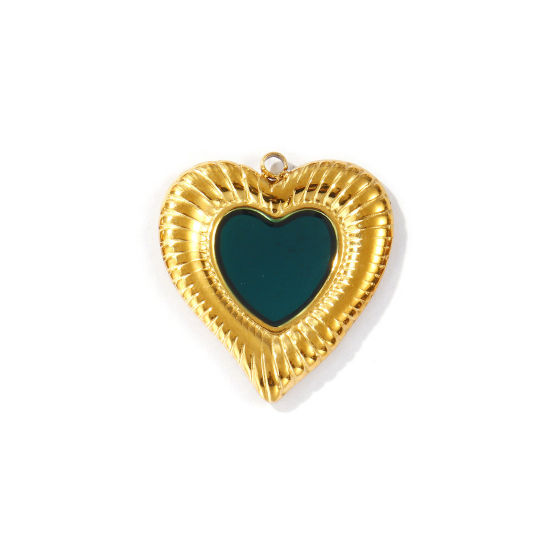 2 PCs Eco-friendly PVD Vacuum Plating Waterproof Anti-Tarnish Hypoallergenic 304 Stainless Steel Valentine's Day Charms 18K Real Gold Plated Dark Green Enamel Heart 26.5mm x 24mm の画像