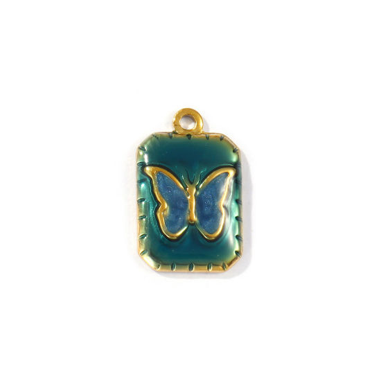 2 PCs Eco-friendly PVD Vacuum Plating Waterproof Anti-Tarnish Hypoallergenic 304 Stainless Steel Insect Charms 18K Real Gold Plated Dark Green Enamel Octagon Butterfly 20.5mm x 13mm の画像