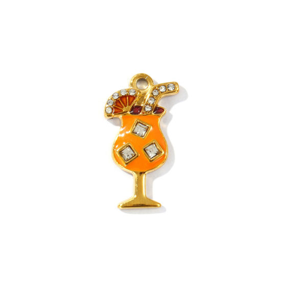 Bild von 2 PCs Eco-friendly PVD Vacuum Plating Waterproof Anti-Tarnish Hypoallergenic 304 Stainless Steel Charms 18K Real Gold Plated Multicolor Enamel Wine Glass Clear Rhinestone 24mm x 13mm