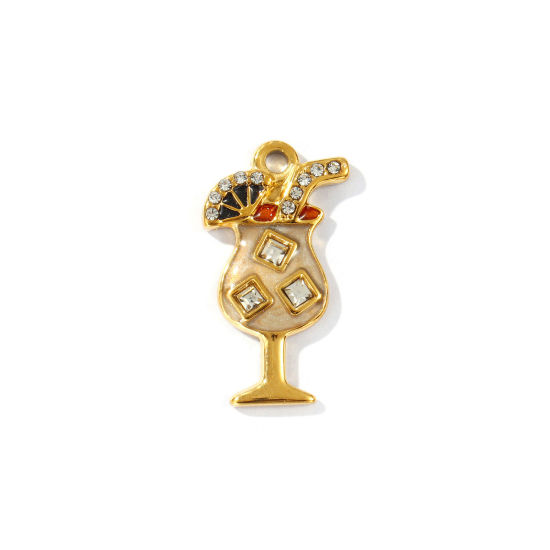 Picture of 2 PCs Eco-friendly PVD Vacuum Plating Waterproof Anti-Tarnish Hypoallergenic 304 Stainless Steel Charms 18K Real Gold Plated Multicolor Enamel Wine Glass Clear Rhinestone 24mm x 13mm