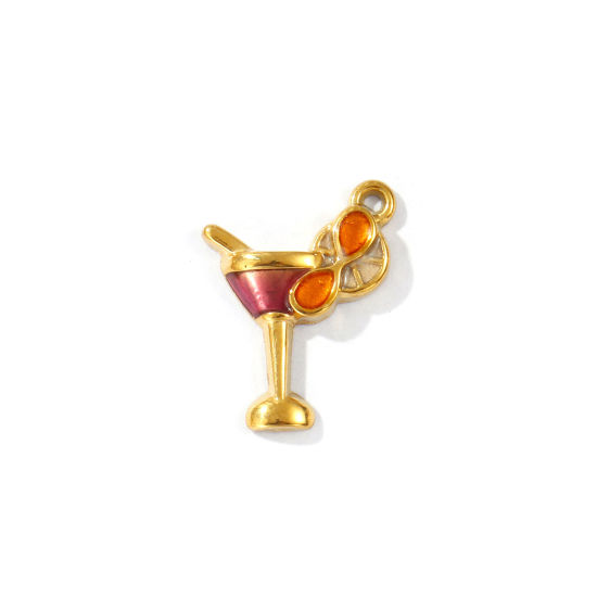 Picture of 2 PCs Eco-friendly PVD Vacuum Plating Waterproof Anti-Tarnish Hypoallergenic 304 Stainless Steel Charms 18K Real Gold Plated Multicolor Enamel Wine Glass 15mm x 12mm