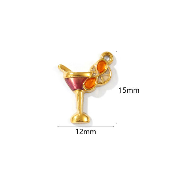 Picture of 2 PCs Eco-friendly PVD Vacuum Plating Waterproof Anti-Tarnish Hypoallergenic 304 Stainless Steel Charms 18K Real Gold Plated Multicolor Enamel Wine Glass 15mm x 12mm