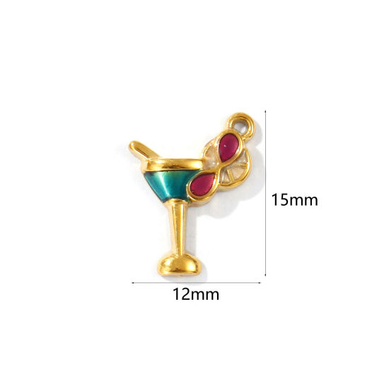 Picture of 2 PCs Eco-friendly PVD Vacuum Plating Waterproof Anti-Tarnish Hypoallergenic 304 Stainless Steel Charms 18K Real Gold Plated Multicolor Enamel Wine Glass 15mm x 12mm
