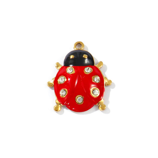 Imagen de 2 Unidades Recubrimiento al Vacío PVD Ecológico 304 Acero Inoxidable Insecto Colgantes Chapado en Oro de 18K Rojo Esmalte Mariquita Transparente Rhinestone 22mm x 20mm